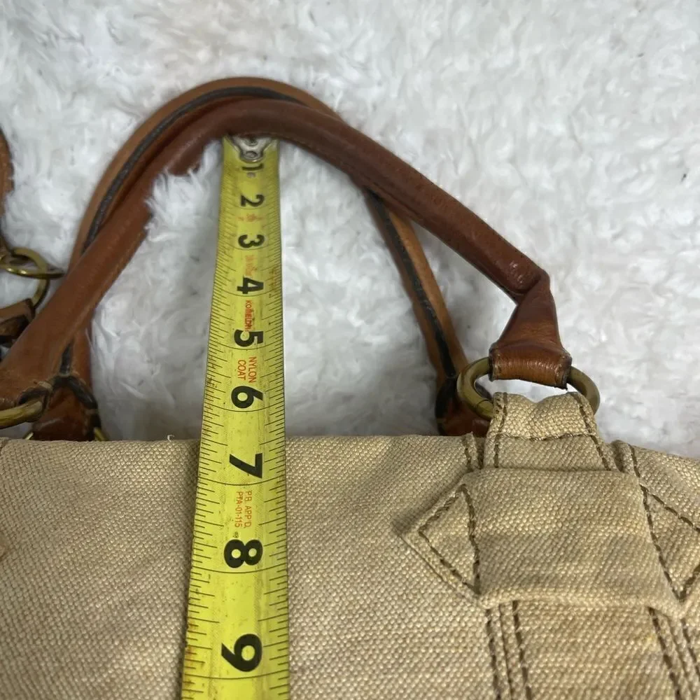 Fossil long live vintage khaki burlap Boston bag with leather tan straps .